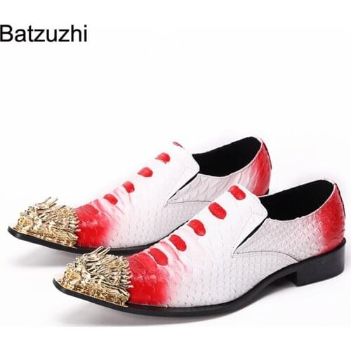 Batzuzhi Italian Style Men Shoes Golden Steel Toe Leather Dress Shoes Men Lace-up White Red Party and Wedding Shoes Men, EU38-46