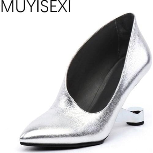 Women Shoes High Heel Female Hollowed Strange Heel Genuine Leather High Heel Shoes Women Pumps Black Silver HL70 MUYISEXI