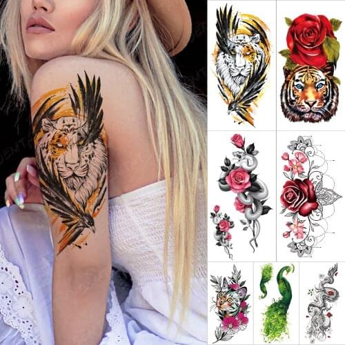 Waterproof Temporary Tattoo Sticker Eagle Tiger Feather Tatto Arm Rose Snake Flower Body Art Arm Fake Sleeve Tatoo Women Men
