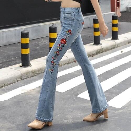 Women jeans Slim autumn Mid waist embroidery boot cut pant jeans Woman 099