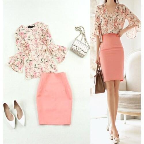 Womens suit spring and summer new style chiffon mint leaf sleeve shirt + orange powder package hip OL skirt 2 piece set women