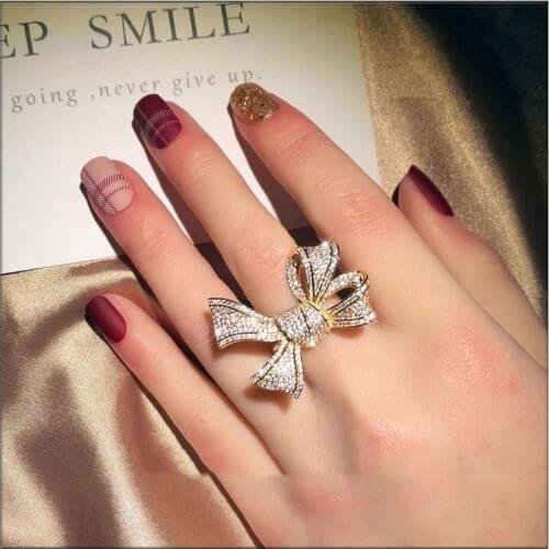 Big Gold Bowknot Ring with Bling Zircon Stone for Women Wedding Engagement Bow Knot Fashion Jewelry 2020