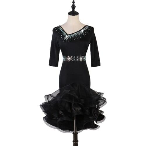 Women Black Slim Latin Dance Dress Performance Competition Clothing Shiny Half Sleeve Latin Rumba Cha Cha Swing Dance Dresses