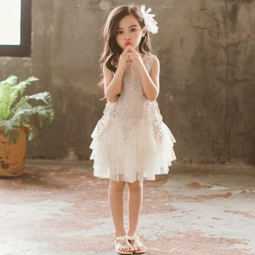 2020 New Girl Dress White Round Neck Knee Length Sleeveless Lace Dress Spring And Summer Cute Princess Dress Party Wedding Dress