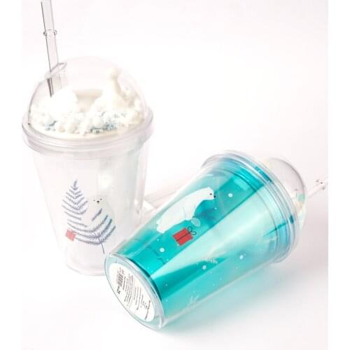 380ml Plastic Drinking Bottles with Straw White Bear Double Layer Lid Straw Cup Water Bottle Sports Water Bottle For Outdoors