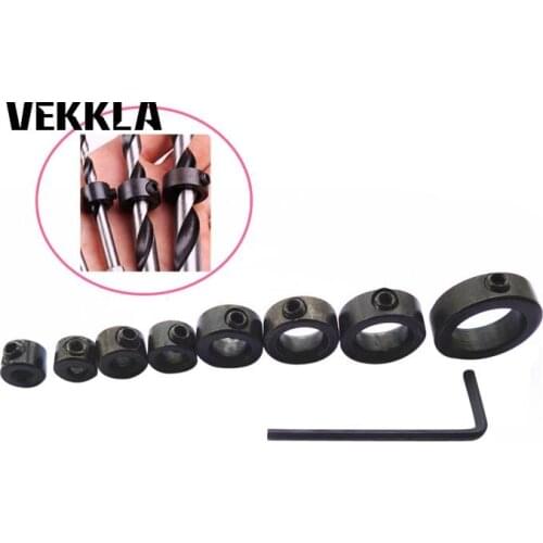 8PC 3-16 mm Carbon Steel Drill Bit Depth Stop Collars Ring Set Woodwork Tools Shaft Drill Locator With Wrench
