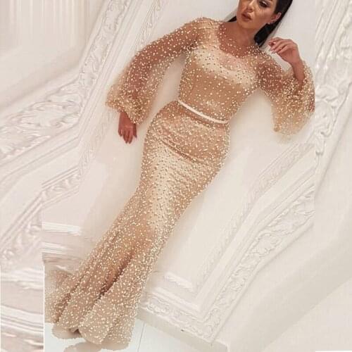 Middle East Champagne Pearls Evening Dresses Arabic Dubai Red Carpet Dress Celebrity Party Gowns 2021 Robe De Soirée Prom Dress