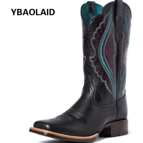 Square Toe Embroidered Mid-heel Fashion Boots 2021 Autumn and Winter New Color Matching V-sleeve Thick-heel Mid-tube Boots