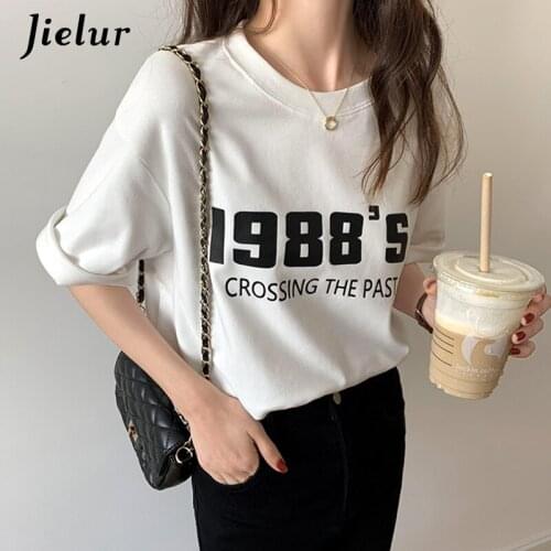 Jielur Korean Style Woman T-shirts Letter Printed O-Neck Loose T-shirt for Girls Casual Street Hot BF Female Tops Harajuku New