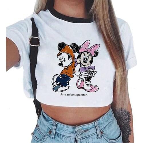 Kawaii Mickey Mouse & Minnie Mouse Crop Top Women Summer T Shirt Women Fashion Harajuku Female T-Shirts Casual Tops for Girls