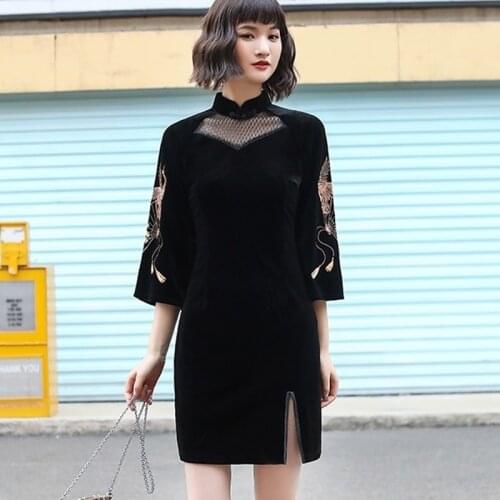 Chinese Traditional Short Dress Qipao Elegant Vintage Modern Sexy Velvet Vintage Cheongsam Gothic Clothe Woman Qipao Dress 12379