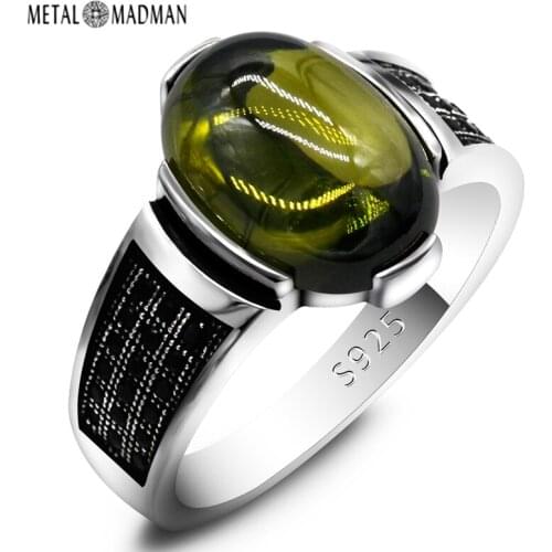 Genuine 925 Sterling Silver Oval Green Zircon Mens Ring With Black CZ Ring for Men and Women Exquisite Turkish Lucky Jewelry