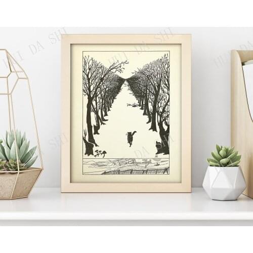 Black Cat Journey • Vintage Cat Print • Antique cat illustration featuring a black feline wandering on a tree-lined path