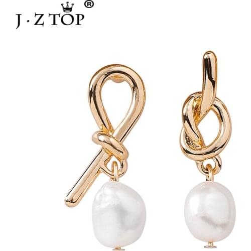 JZTOP Brand Women Natural Freshwater Pearl Stud Earrings Ladies Simple Irregular Knotted Asymmetric Earring Female Gold Color