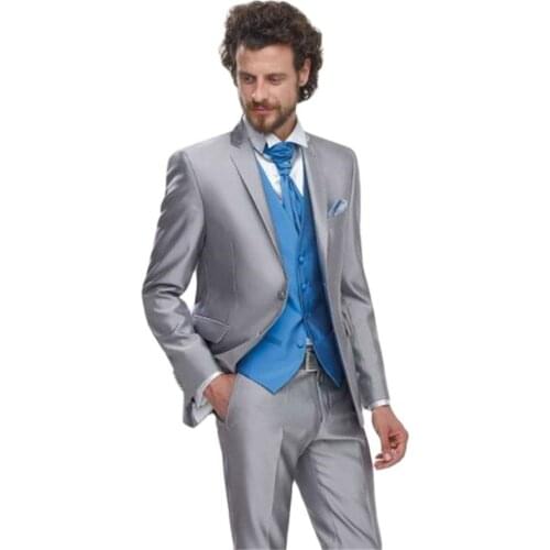 New Satin Formal Men Suit 3 Pieces(Jacket+Pants+Vest+Tie) Silver Grey Coat With Blue Vest Custom Made Slim Fit Classic Prom 256