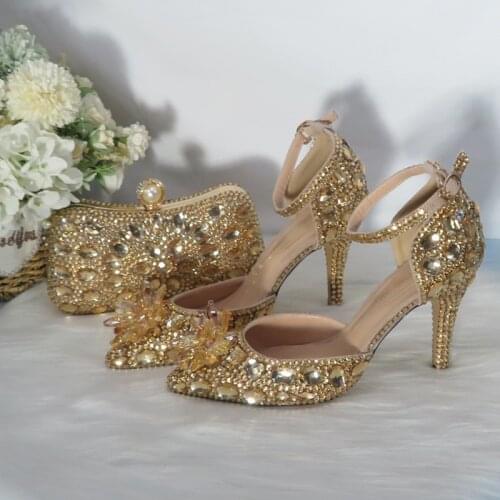 Champagne Golden crystal Bridals Wedding shoes with matching bags Rhinestone high heels ankle strap women party dress shoes
