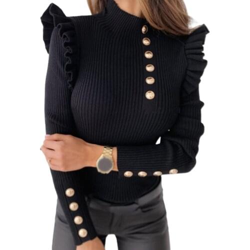 Autumn Winter Sweater Women Fashion Vintage Elegant Long Sleeve Rib Blouse Turtleneck Buttons Ruffle Slim Sweater