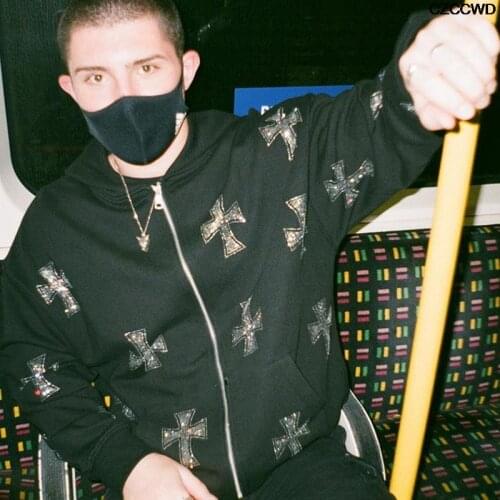 Hip Hop Gothic Hoodie Men Sweatshirt Fashion Korean Punk Sport Coat Pullover Rhinestone Long Sleeve Zip Hoodie Y2k Men Jacket