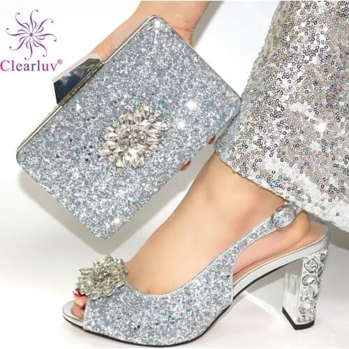 Silver Color Fashion Wedding Lady Shoes And Bag Set Latest Mature Style Women Pumps Shoes And Bag To Match Set For Party