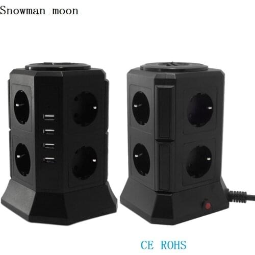 USB Power Strip Vertical Type EU Plug Socket 8/12 Way Outlets with 4 Ports USB Power Swtich Surge Protector 1.8m Extension Cord