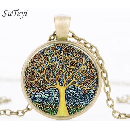 SUTEYI Vintage Tree of Life Necklace Retro Painting Glass Cabochon Pendant Necklaces For Women Fashion Jewelry