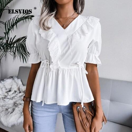 Women Casual Lace Ruffled Short Sleeves Chiffon Blouses Fashion Summer V Neck Slim Solid Color Pullover Elegant Party Lady Tops