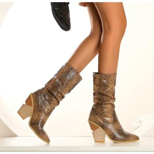 Faux Leather Cowboy Ankle Boots for Women Wedge High Heel Boots Chunky Snake Print Western Cowgirl Boots Slip on Ladies Boots