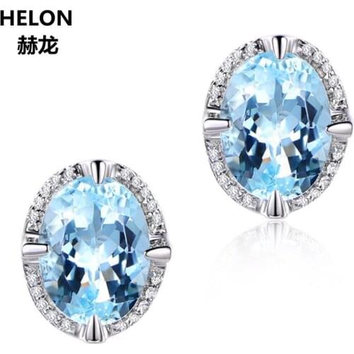 100% Natural Diamonds Stud Earrings Women Solid 14k White Gold 4x6mm Oval Cut Natural Sky Blue Topaz Fine Jewelry