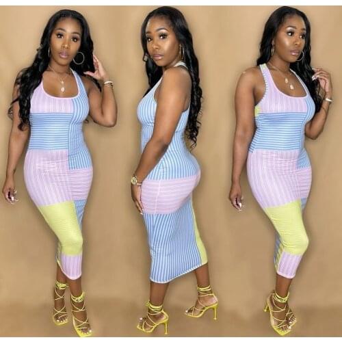 Women Colorful Patchwork Striped Long Dress O-neck Stretchy Bodycon Maxi Dresses Fashion Casual Vetstidos 2021 Summer Outfits