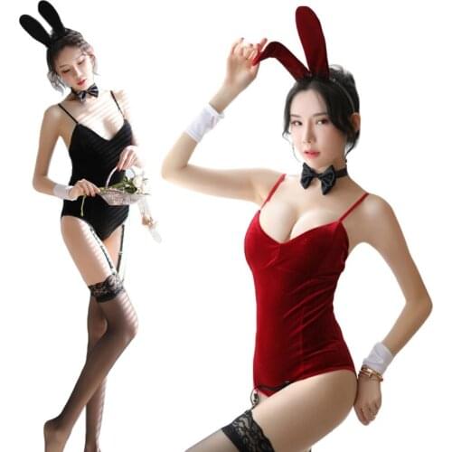 Women Sexy Bunny Girl Costume Lingerie Set Velvet Bodysuit with Tail Rabbit Ears Headband Stockings Playsuit Nightwear