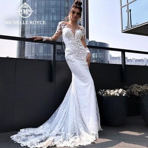 Michelle Royce A-Ling Wedding Dresses 2020 Scoop Illusion Appliques Beading Backless Chapel Train Wedding Gowns Vestido De Noiva