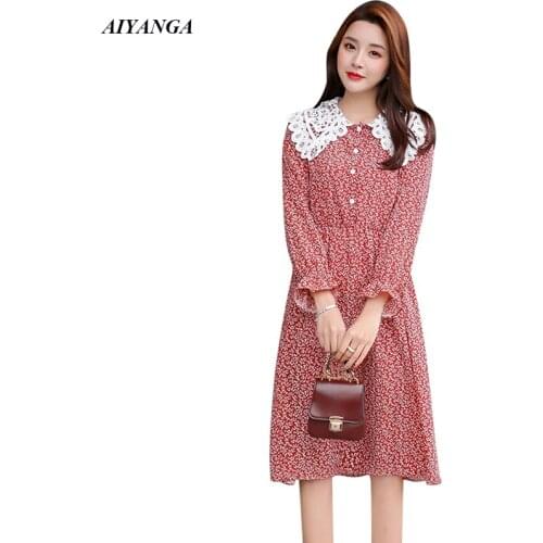 New Vintage Chiffon Dress Women 2019 Spring Summer Dress For Women Lace Slim Long Sleeve Print Long Dresses Womens clothing