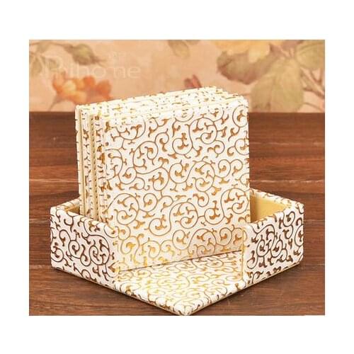 4'' square PU leateher coffee tea cup pad cup mat coaster cooking tools placemat gold over white 312