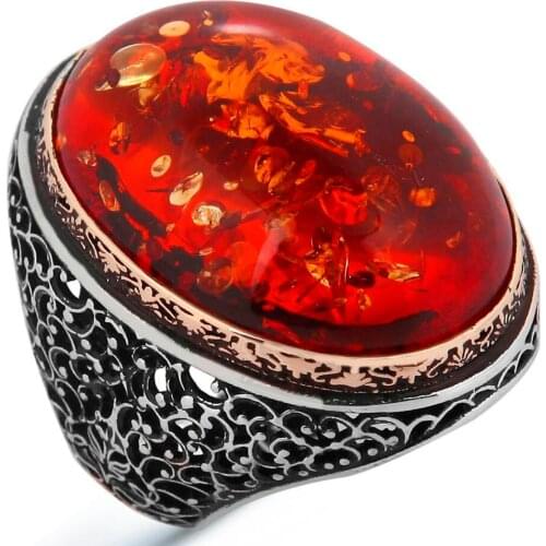 925 Embroidered Sterling Silver Ring For Man Real Pure Amber Agate Stone Handmade Turkish Jewelry High Quality