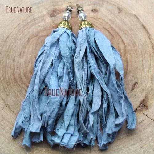 Cerulean Blue Bohemian Style Handmade Tassel Pendant Antique Bronze Oval Bead Cap For Necklace Making PM9052