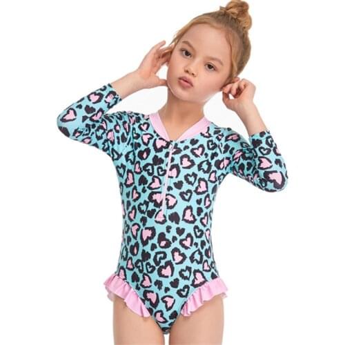 Kids Girls Swimwear Long Sleeve Leopard Print One-Piece Swimsuit Stylish Bathing Suit for Children Girls Swimming Beach Swimsuit