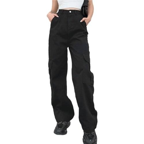 Women’s Korean Wide Leg Jeans Fashion Solid Color Pocket Stitching High-Waist Mopping Denim Pants