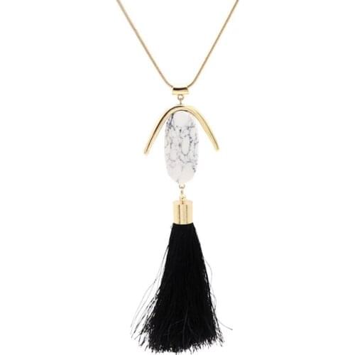Ethnic Style Light Yellow Gold Color Alloy Oval Shape White Howlite Stone Pendant Link Chain Necklace with Tassels Jewelry