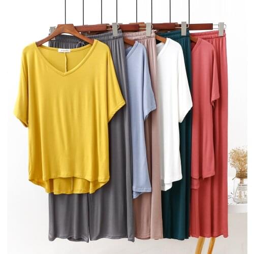 Summer short-sleeved home service womens loose suit Korean V-neck middle casual trousers pajamas