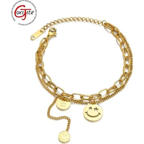 Goxijite Women Double Layer Bracelet Stainless Steel 'I Love You' Smiley Nameplate Bracelets Fashion Blessing Jewelry Gift