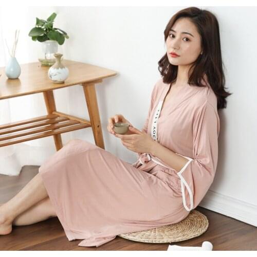 Bathrobe Women Bamboo Fiber Summer Kimono Robe Femme Women Nightwear Breathable Solid Color Bathrobe Splicing Home Clothes Robe