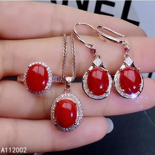 KJJEAXCMY fine jewelry natural red coral 925 sterling silver new women gemstone pendant earrings ring set support test elegant