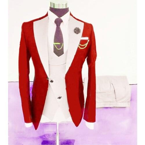 JELTONEWIN Red Jacket White Vest Pant Wedding Suits For Men Custom Made Dinner Party 3 Pcs Men Slim Fit Groom Tuxedo Bridegroom