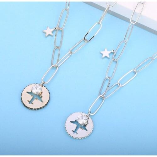 Round Charms Aircraft Necklaces Big Chain Crystal Hollow Airplane Star Pendant Choker Necklace For Women Best Gift Party Jewelry