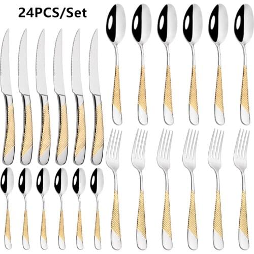 Luxury Gold Flatware Cutlery Set 304 Stainless Steel Silverware Dinnerware Set Mirror Fork Steak Knife Spoon Tableware Set