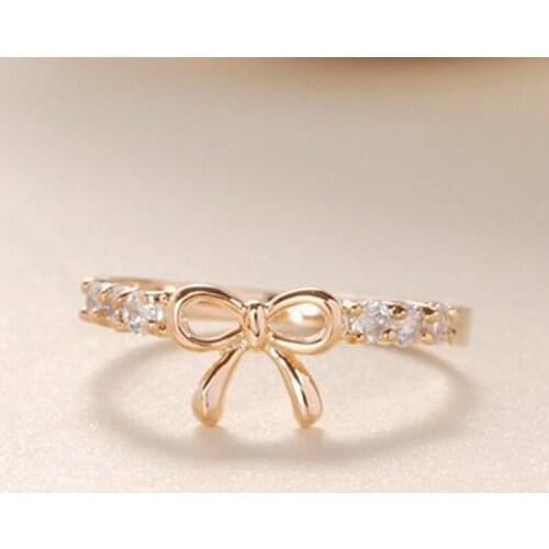 Charming Crystal Zircon Bowknot Ring For Women Exquisite Wedding Anniversary Gold Color Ring Elegant Ladies Party Jewelry Gift