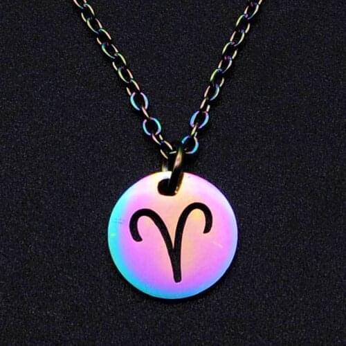 Wholesale 12pcs/Lot Constellations Stainless Steel Rainbow Coin Pendant Necklace Aries Simple Style Zodiac Sign Birthday Jewelry