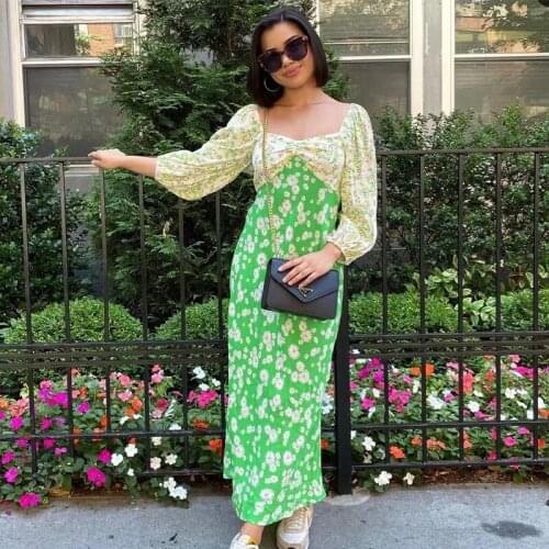 Foridol Daisy Print Gren Maxi Long Autumn Winter Dress Floral Print Boho Lantern Sleeve Vintage Midi Dress Party Dress Vestidos