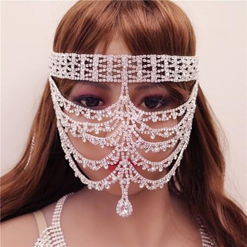 Full Rhinestone Bling Luxury Mask Forehead Chain Sexy Face Jewelry Tassel Mask Halloween Masquerade Accessories Gift For Women