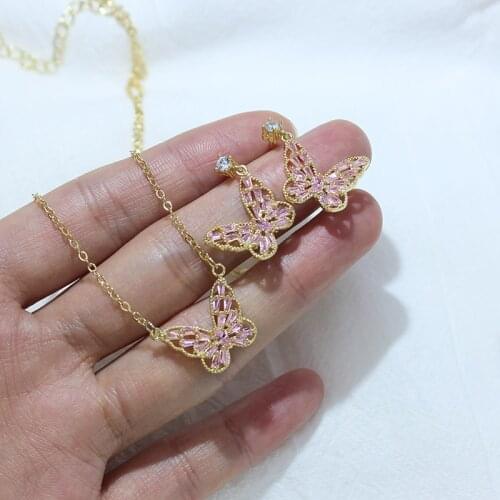 New Design 14K Gold Plated Plated Butterfly Stud Earrings for Women Luxury Jewelry Pink Zircon Earrings